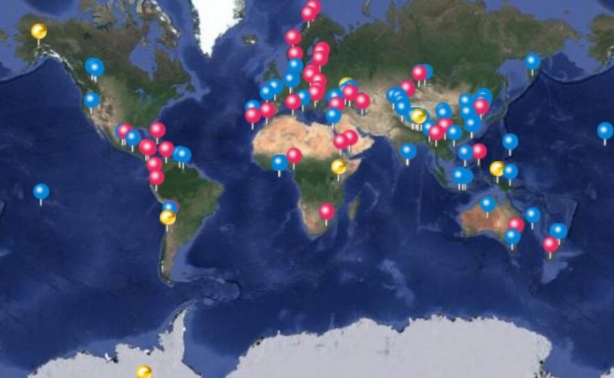 A map created by Junko Tabei's personal website shows the locations of dozens of her climbs.