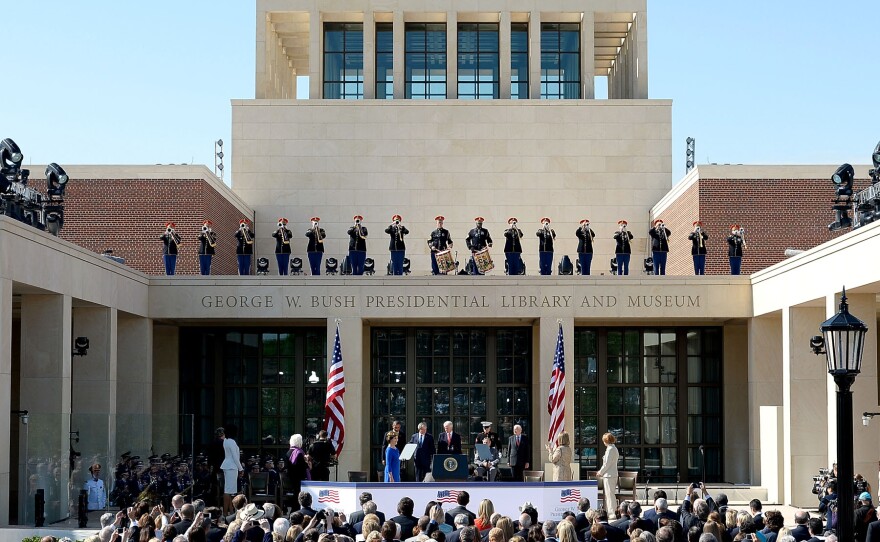 Former First Lady Laura Bush (left), President Barack Obama, former President George W. Bush, former President Clinton, former President George H.W. Bush and former President Jimmy Carter attend the opening ceremony of the George W. Bush Presidential Center in Dallas on April 25, 2013.