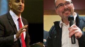 In this split photo, businessman Neel Kashkari (left) and Assemblyman Tim Donnelly deliver remarks. 