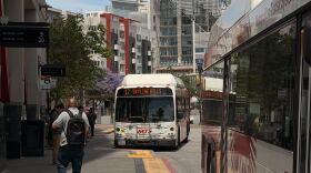 Metropolitan Transit System (MTS) buses arrive at the 12th & Imperial Transit Center on April 16, 2026.