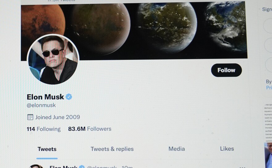 The Twitter page of Elon Musk is seen on the screen of a computer on April 25, 2022.
