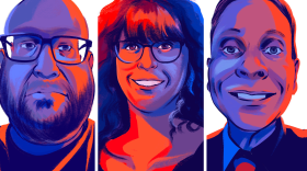 From left, illustrated portraits of Pennsylvania swing voters Stephen, Colleen and John.