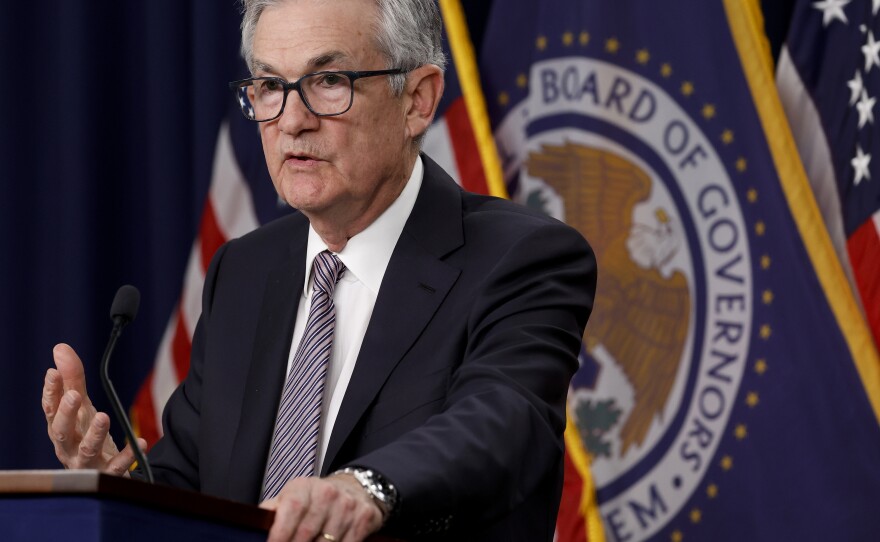 Federal Reserve Board Chair Jerome Powell delivers remarks at a news conference in Washington, D.C., on May 3, 2023. Shares of smaller lenders continued to sink a day after Powell sought to reassure investors about the banking sector.