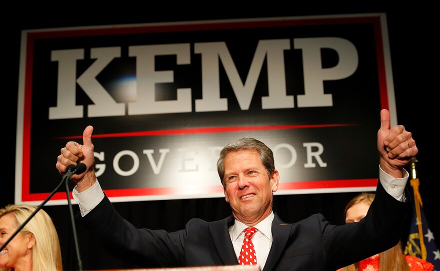 Then-Georgia Secretary of State, and Republican nominee for governor, Brian Kemp attends an election night event in Athens, Georgia. As secretary of state, Kemp was charged with overseeing the election logistics for the election he was running in.