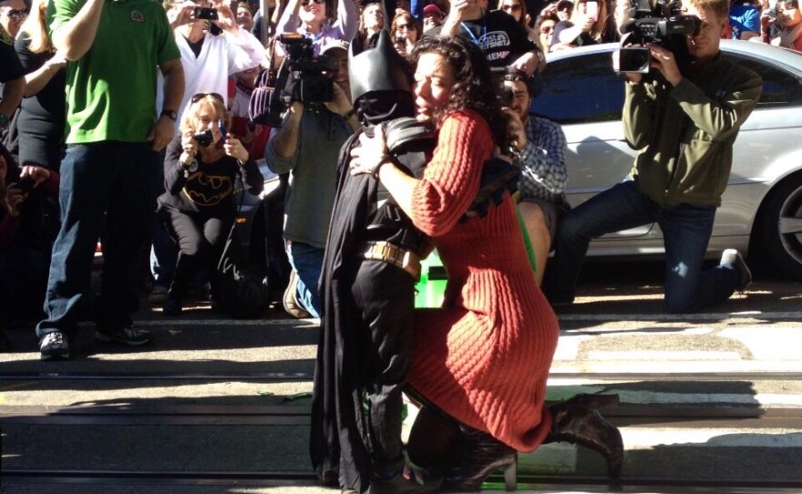 A woman who was rescued by Batkid on the cable-car rail near the intersection of Hyde and Green Streets in San Francisco.