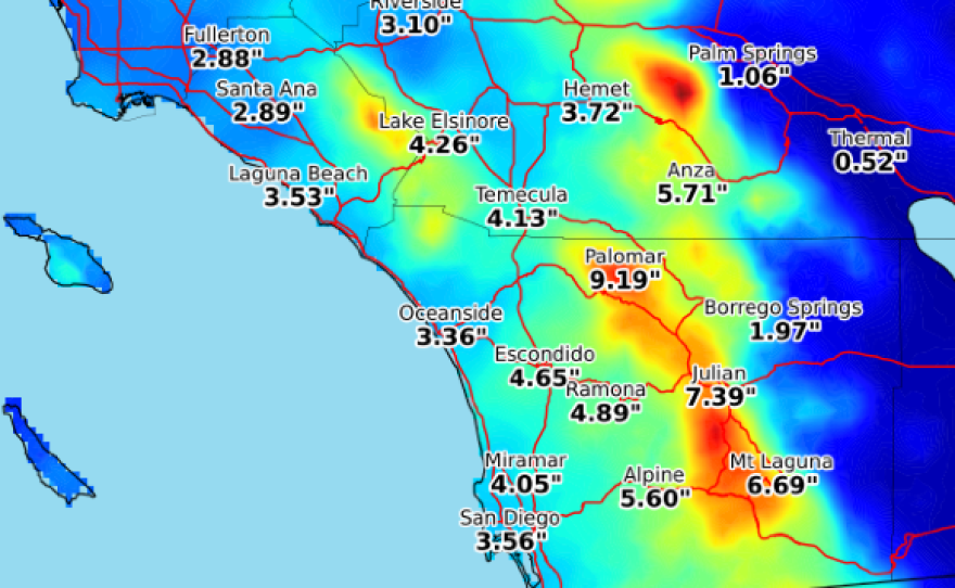 This map of San Diego County shows predicted rainfall totals from a series of Pacific storms taking aim at the region. By Friday, 3 to 4 inches of rain could deluge the coast, while 5 to 8 inches could fall in the mountains, according to the National Weather Service, Jan. 4, 2016.
