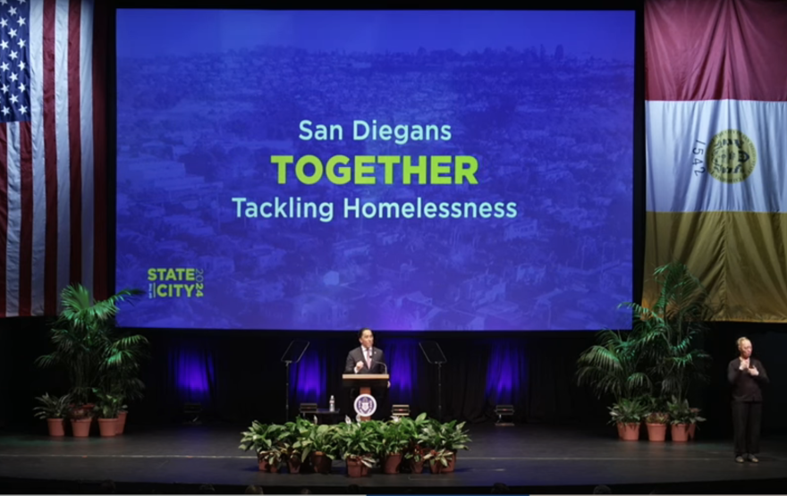 Mayor Todd Gloria announces a new initiative called San Diegans Together Tackling Homelessness at his State of the City address on January 10, 2024.