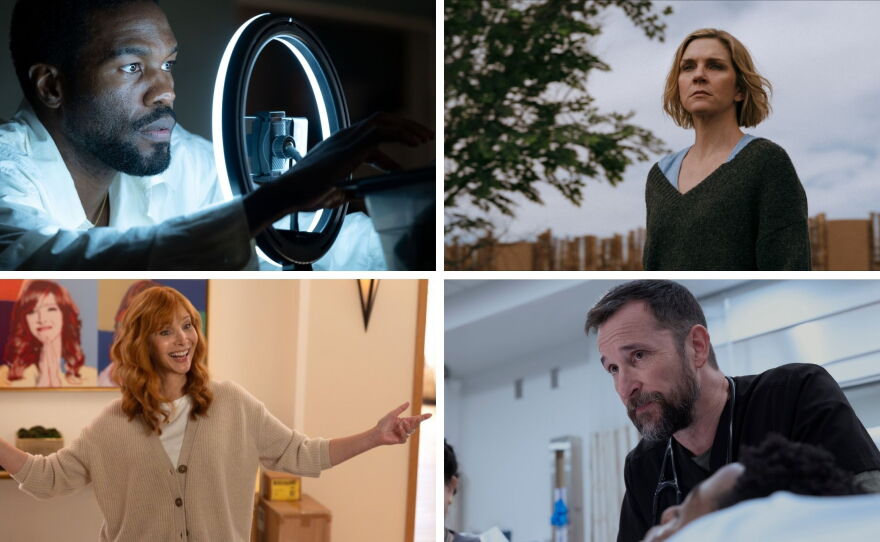 Clockwise from top left: Yahya Adbul-Mateen II in Wonder Man, Rhea Seehorn in Pluribus, Noah Wyle in The Pitt, Lisa Kudrow in The Comeback.