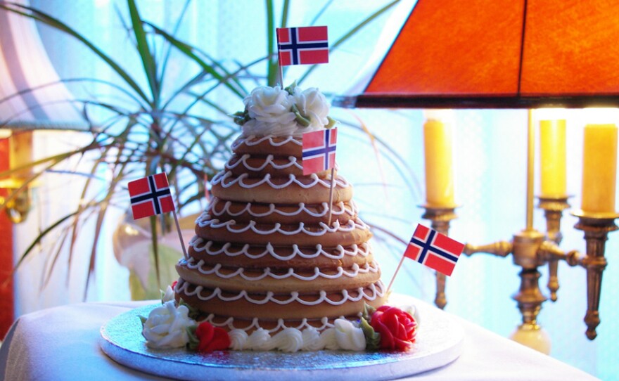 In Denmark they eat a towering cake called kransekage for New Year's Eve. Norwegians, who also eat it, call it kransekake.