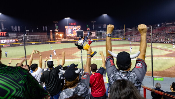 Fans cheer on the Tijuana Toros during a night game at the Mobil de Toros stadium in Tijuana, Mexico on July 31, 2026.
