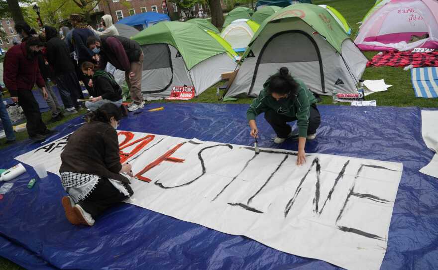 Rutgers University students occupy tents and hold rallies outside Murray Hall in New Brunswick, N.J., as part of their protest in support of Palestinians affected by the war in Gaza on April 30.