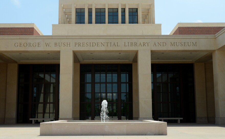 The main entrance courtyard at the George W. Bush Presidential Library and Museum in Dallas. The museum uses everything from news clips to interactive screens to artifacts to tell the story of Bush's eight years in office.
