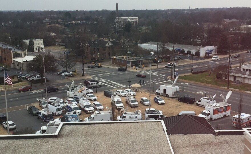 Hours in advance, media trucks are already circling the hotel in Spartanburg, S.C., where Donald Trump will hold his primary-night rally this evening.