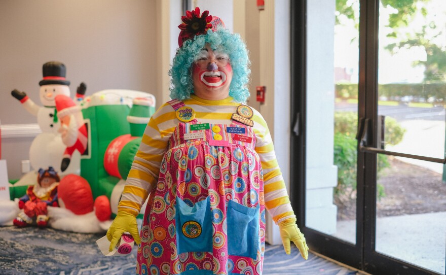 Patsy Garland, "Patty Cake," official greeter at the World Clown Convention in Orlando, Florida on March 20, 2023.