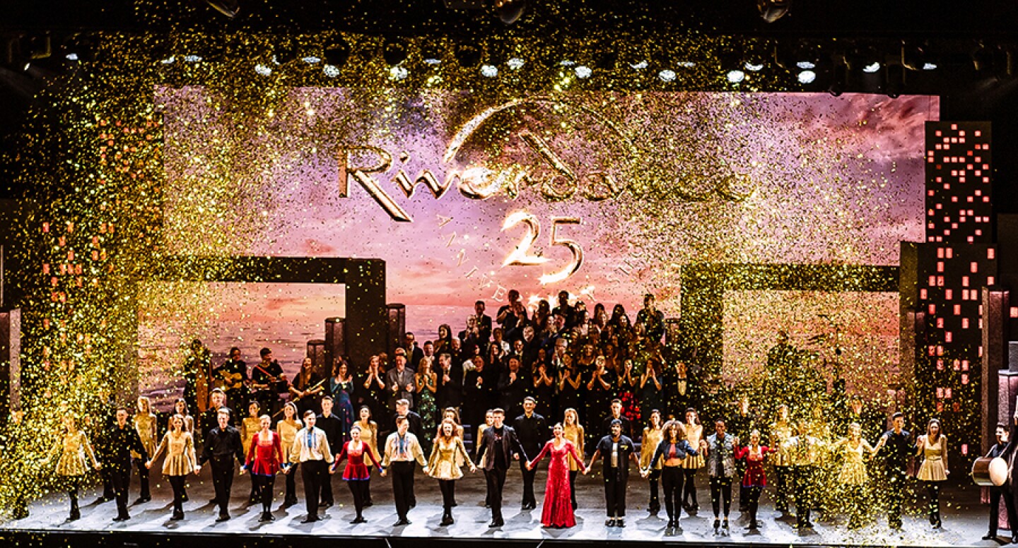 The cast onstage after the finale of "Riverdance 25th Anniversary Show."
