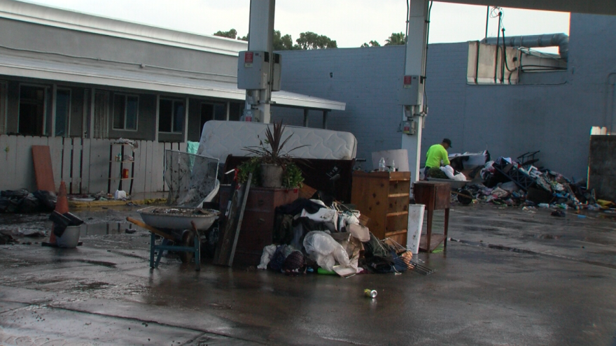 Renters' destroyed belongings from the Jan. 22, 2024, flood piled up in the center of the 4150 National Avenue apartment complex in the Mountain View neighborhood of San Diego, CA, on Feb. 9, 2024.