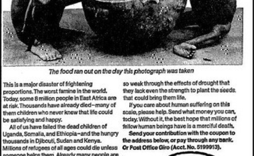 This ad from the UK charity Disasters Emergency Committee for their East African Emergency campaign brought in $23 million between 1980 to 1984 for famine relief in Ethiopia.