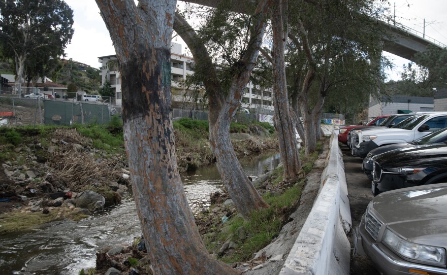 The Mission Valley creek that went up and out of its banks, flooding Native Poppy and other nearby businesses, is shown on Feb. 21, 2024.