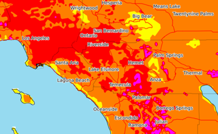 A map shows areas in San Diego with low to high heat risk, July 5, 2018.