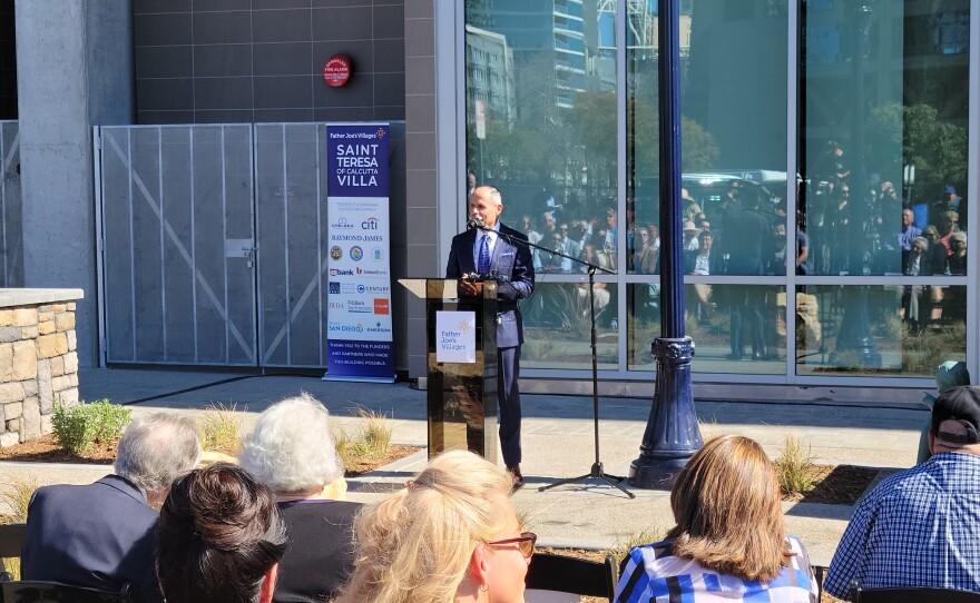 Father Joe's Villages president & CEO Deacon Jim Vargas makes remarks at the opening of the new Saint Teresa of Calcutta Villa on February 10, 2022.