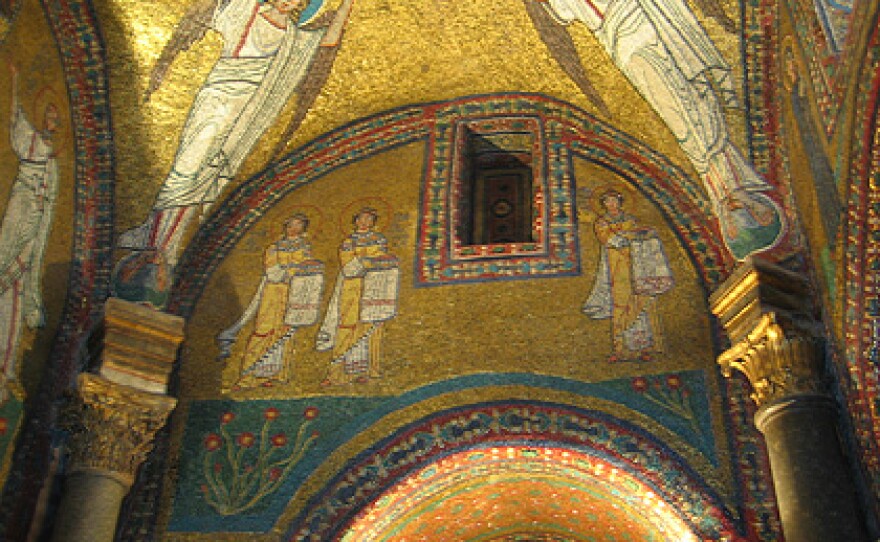A mosaic of women who became saints after risking their lives to collect the relics of martyrs, St. Praxedes church, Rome.