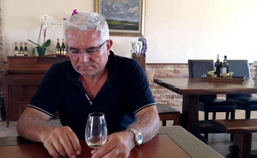 Petros Hatzigeorgiou, whose family has been making wine for more than 150 years, at his winery outside the village of Atsiki, Lemnos. He says islanders can weather the tax by working harder. "That's how we can fight it, no matter how much it hurts," he says. "By showing them we can survive despite it."