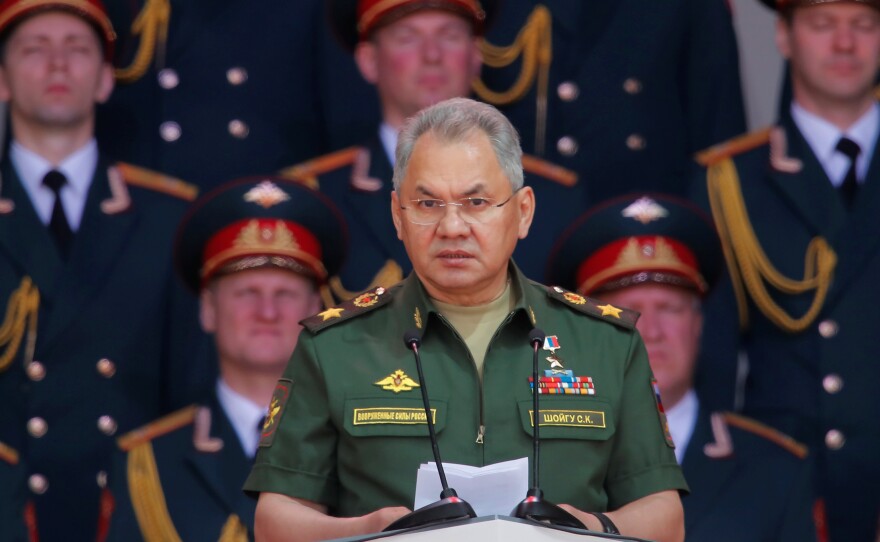 Russia's Defense Minister Sergei Shoigu delivers a speech in Moscow last month. Shoigu is leading an investigation into an explosion on board a Russian navy research vessel.