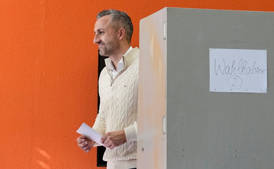 Ulrich Siegmund, top candidate for the "Alternative for Germany" (AfD) party votes at a polling station during the Saxony-Anhalt state elections in Tangermuende, eastern Germany, Sunday, Sept. 6, 2026.