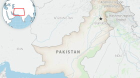 This is a locator map for Pakistan with its capital, Islamabad, and the Kashmir region.