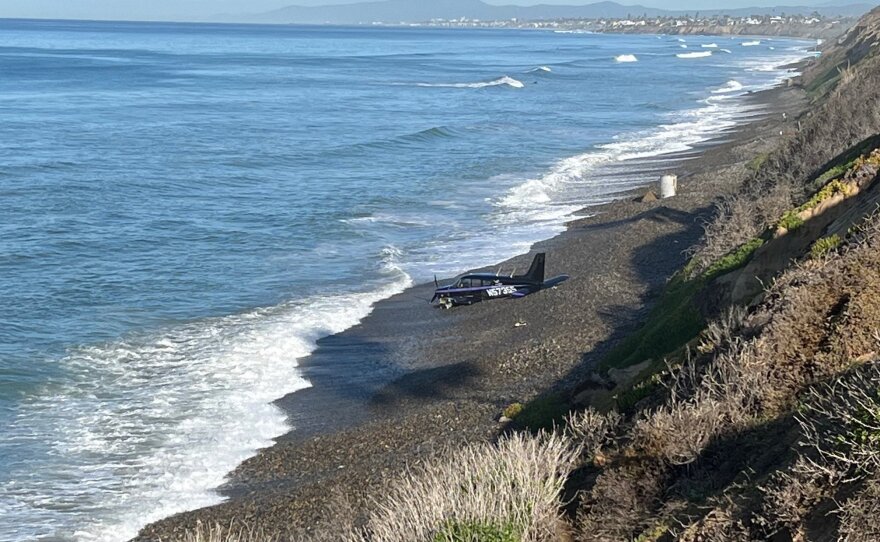 A single-engine plane made on Carlsbad State Beach following an emergency landing. Carlsbad, Calif. Jan. 19, 2023.