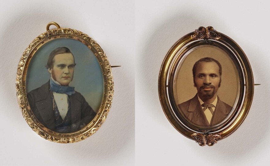 (Left) Unidentified artist, <em>Untitled (pin/pendant, man with large tie)</em>, 1848, daguerreotype in metal setting. (Right) Unidentified artist, <em>Untitled (brooch, man with goatee)</em>, undated, albumen print in metal setting. Smithsonian American Art Museum, the L. J. West Collection of Photographic Jewelry, Museum purchase made possible through the Franz H. and Luisita L.