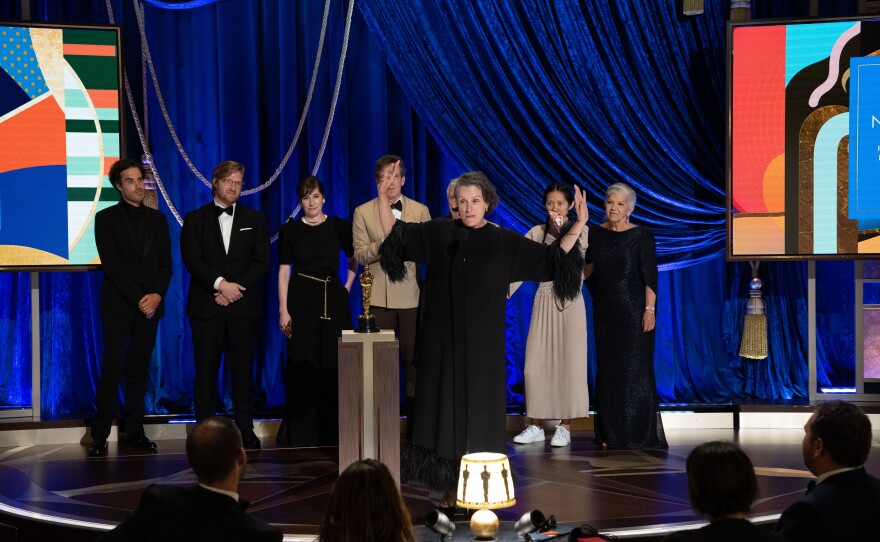 Peter Spears, Frances McDormand, Chloé Zhao, Mollye Asher, and Dan Janvey pose backstage with the Oscar® for Best Picture during the live ABC Telecast of The 93rd Oscars® at Union Station in Los Angeles, CA on Sunday, April 25, 2021.