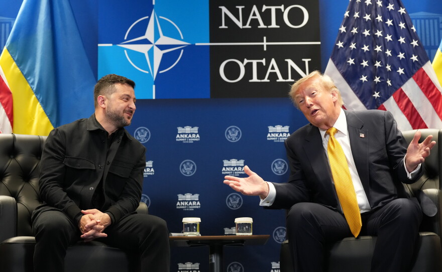 U.S. President Donald Trump meets with Ukraine's President Volodymyr Zelenskyy on the sidelines of the NATO summit in Ankara, Turkey, Wednesday, July 8, 2026.