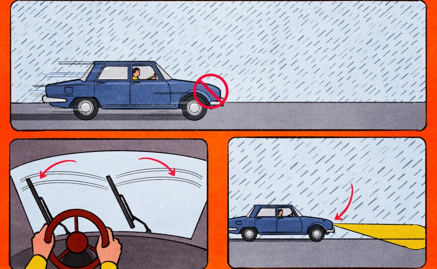 When driving in extremely rainy conditions, slow down and turn on your headlights. "I have a little saying that goes, 'if your wipers are going, your headlights are glowing,'" says Hector Carias, an officer with the California Highway Patrol.