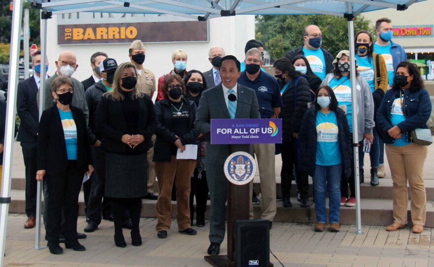 San Diego Mayor Todd Gloria speaks in Barrio Logan ahead of the vote to update the neighborhood's community plan, Dec. 7, 2021.