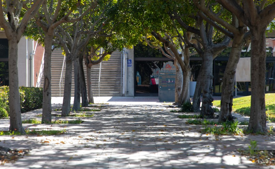 An empty walkway on the San Diego City College campus is shown on May 4, 2020.