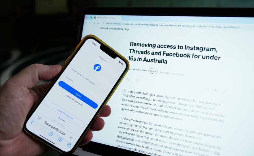 A logon screen for Facebook and the new Meta policy are photographed in Sydney, Australia, on Nov. 20, 2025.