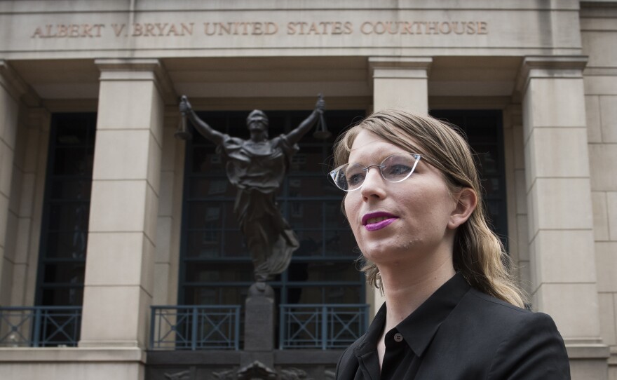 Former Army intelligence analyst Chelsea Manning speaks with reporters after arriving at the federal courthouse in Alexandria, Va., on May 16, 2019. Manning spoke about the federal court's continued attempts to compel her to testify in front of a grand jury.