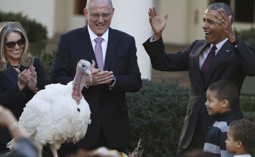 President Obama — with his nephews Aaron Robinson and Austin Robinson, and National Turkey Federation Chairman John Reicks — pardons Tot, the National Thanksgiving Turkey, on Wednesday.