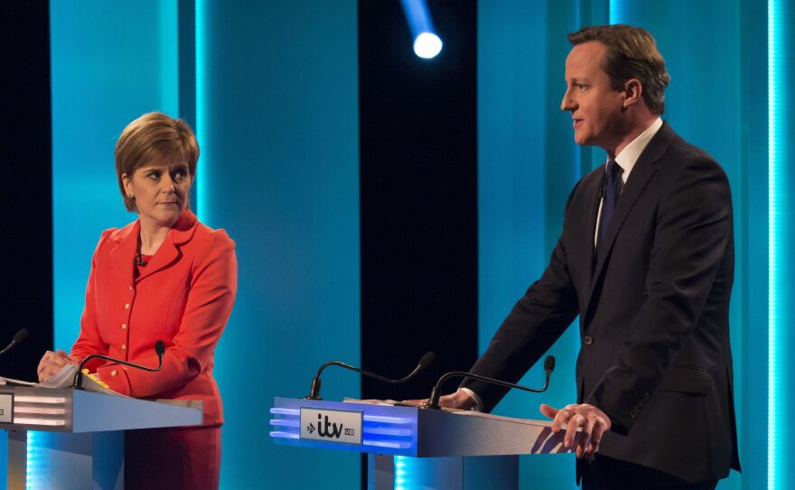 Sturgeon has delighted the audiences during a series of televised debates. Here, she is seen with British Prime Minister and Conservative leader David Cameron at the first, on April 2, after which newspapers hailed her as "Queen of Scotland" and "Surgin' Sturgeon."