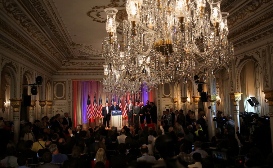 Republican Presidential frontrunner Donald Trump speaks to the media at the Mar-A-Lago Club in Palm Beach, Fla.