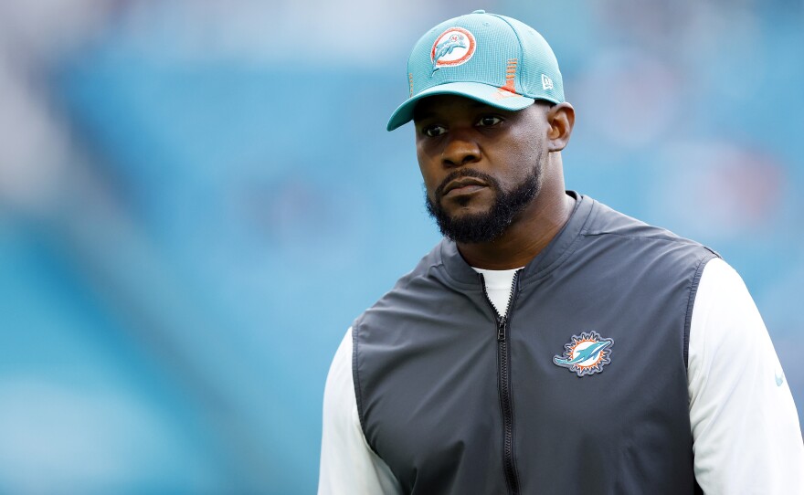 Head coach Brian Flores of the Miami Dolphins walks the field prior to a Jan. 9 game against the New England Patriots at Hard Rock Stadium in Miami Gardens, Fla. Flores was fired the next day.