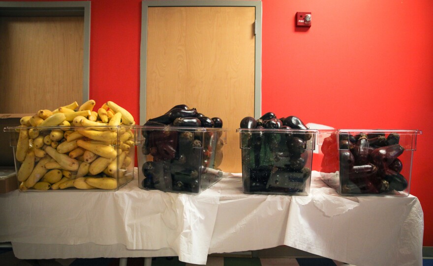 Eggplant and squash wait to be chopped up.