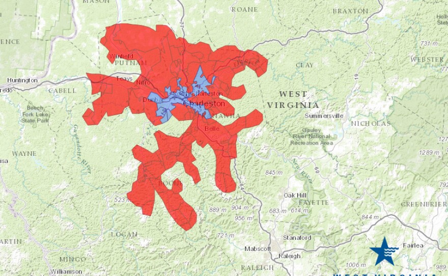 2:15 p.m. ET, Jan. 14: Areas in red still can't use the water. But the blue area is starting to expand. An earlier version of this map was incorrect, with one zone appearing in blue, the company says.