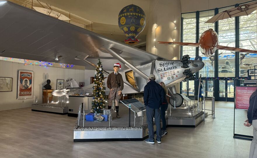 The museum's replica of The Spirit of St. Louis is shown in the museum rotunda on December 17, 2025.