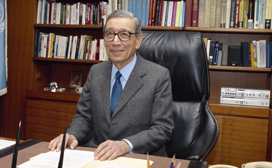 Secretary-General Boutros Boutros-Ghali of Egypt sits in his office on his first working day at the United Nations in New York City on Jan. 2, 1992. Boutros-Ghali has died at age 93.