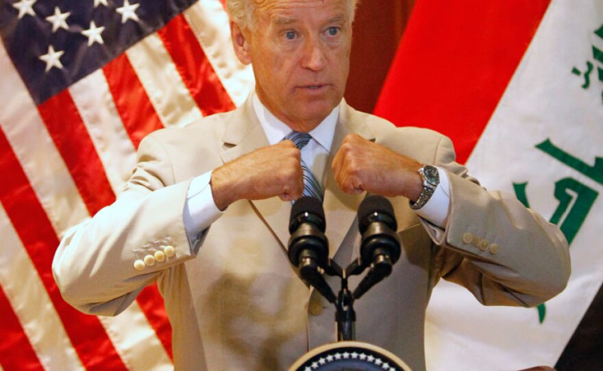 Vice President Joe Biden speaks at the U.S. embassy in Baghdad on Sunday. Biden said all political blocs must be included in the new Iraqi government for it to succeed.