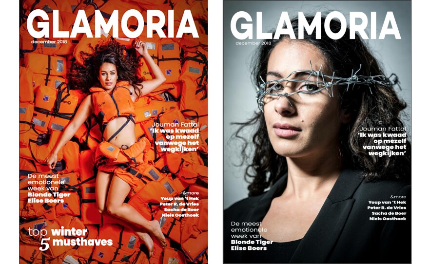 Amnesty International Netherlands published a magazine about refugees (left) and ran a cover photo of a woman wearing a few strategically placed life jackets. A Dutch actress, she fled Syria as a child. After criticism for sexualizing women in the image, the group apologized — and replaced the photo on the online version with a photo of the same woman encircled with barbed wire.