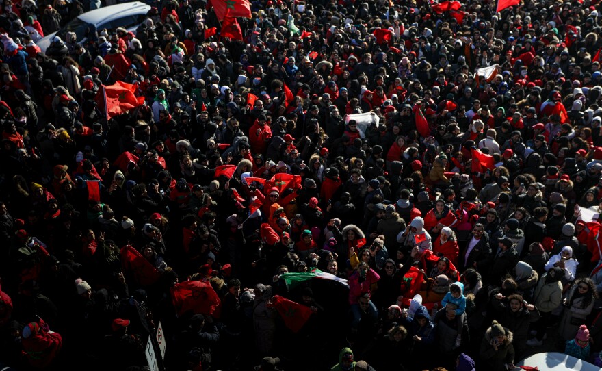 A large crowd gathers in Montreal after Morocco beat Portugal in the World Cup on Dec. 10. The team came into Wednesday's semifinal against France undefeated so far in Qatar.