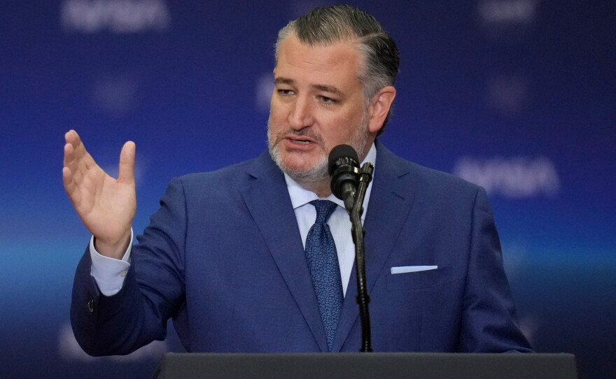 Sen. Ted Cruz, R-Texas, speaks before President Donald Trump arrives at NASA's Johnson Space Center on Friday, Aug. 28, in Houston.